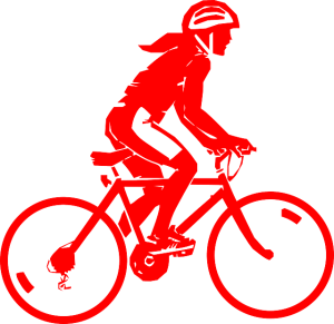 red silhouette of gorl wearing bike helmet and riding a bike