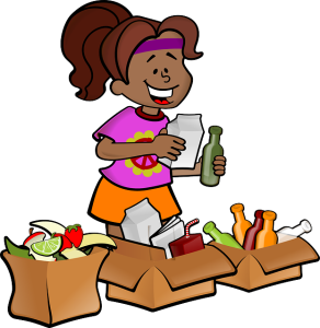 illustration of smiling African American girl with three boxes of recyclables